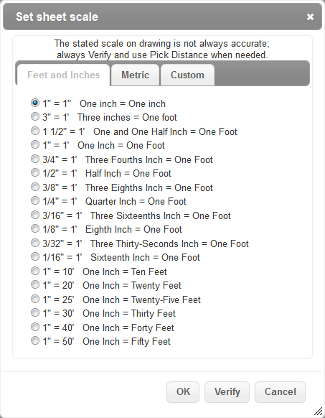 Set Sheet Scale dialog with Feet and Inches tab open
